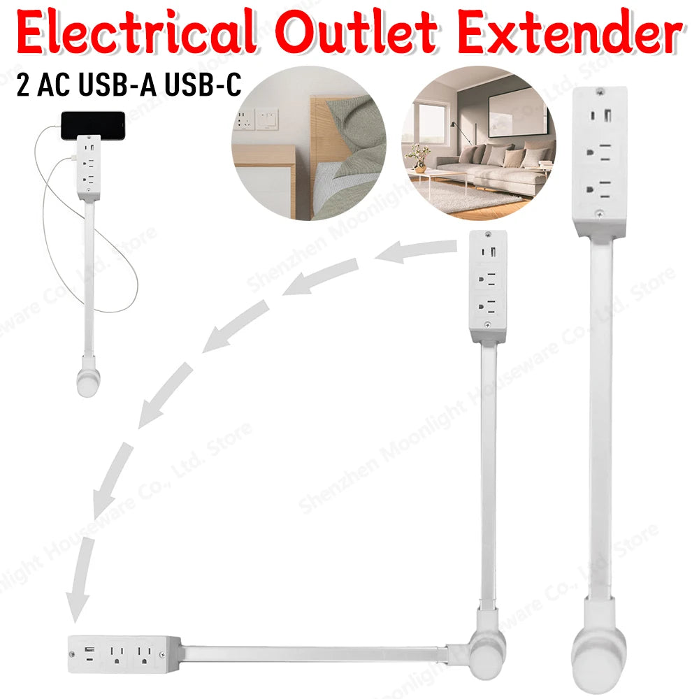 Power Socket Expander 2 Sockets 180° Rotation Stretchable Electrical Outlet Extender Power Socket Sofa Bedside Table Expander